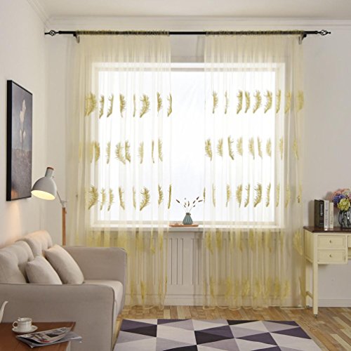 BSGSH Decorative Curtains, Feather Embroidery Curtains Sheer Valances Window Curtains/Drape/Panels/Treatment for Door Kitchen Living Room (Yellow)