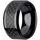 Black Ceramic Ring With Black Carbon Fiber by CERAMIC GESTALT® - 10mm. Comfort Fit.