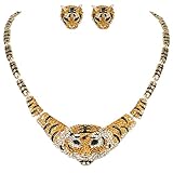 EVER FAITH Gold-Tone Austrian Crystal Black Enamel Big Tiger Head Necklace Stud Earrings Set Brown