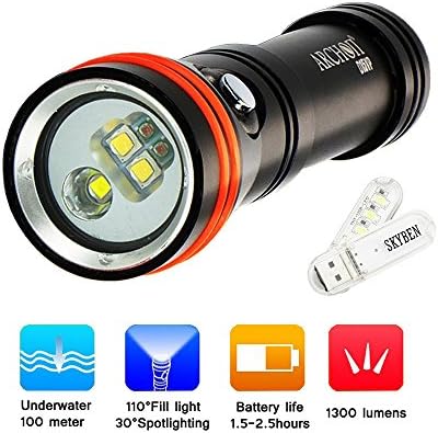 SKYBEN Archon D15VP Diving Video&Spot Light Cree XM-L2 U2 Lamp Outdoor Super-Bright LED 1300 Lumens Flashlight Waterproof Travel Flashlight Powered by 1 X 18650 Li-ion Battery USB Light