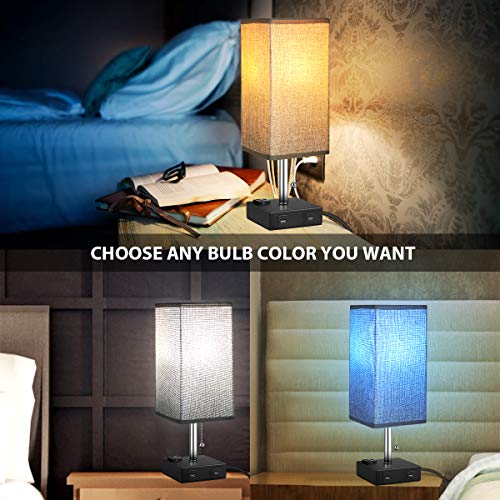USB Table Lamp, MOICO Bedside Nightstand Lamp Square Fabric Shade with 2 USB Charging Port and 3-Prong AC Outlets, Modern Design Desk Lamps for Bedroom, Living Room, Kids Room, College Dorm, Bookcase - Thumbnail 2