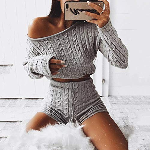 2Piece Women Casual Sweater Set Ladies Cold Shoulder Knitted Warm Loungewear Short Crop Outfit - Thumbnail 3