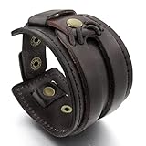 INBLUE Men's Alloy Genuine Leather Bracelet Bangle Cuff Brown Punk Rock