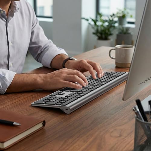 cimetech Wireless Rechargeable Bluetooth Keyboard Silent Ultra-Slim French AZERTY Keyboard with Numeric Pad for MacOS/iOS/Android/Windows/PC/Computer/Laptop/Laptop - Grey Black