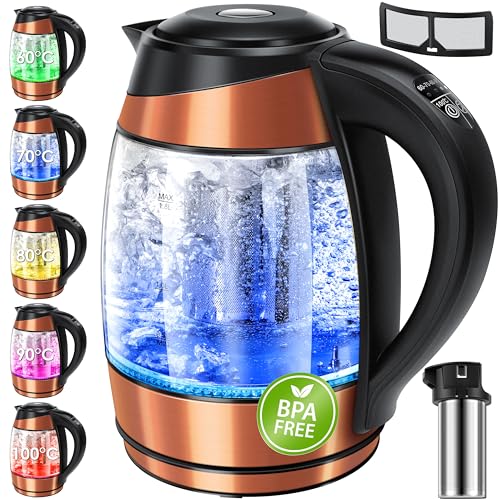 KESSER® Wasserkocher 1,8L Edelstahl mit LED Beleuchtung-Farbe je nach Temperaturwahl 60, 70, 80, 90, 100 °C | Glaswasserkocher, Platzsparend, Warmhalt