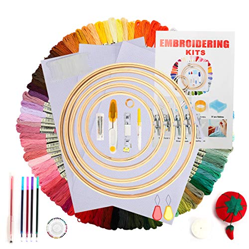 Embroidery Starter Kit with Instruction, 100 Colors Threads, 40 Sewing Pins, 3 Pieces Aida Cloth, Embroidery Hoops Set,Full Range Embroidery kit Cross Stitch Tool Kit for Adults Beginners (White-1)
