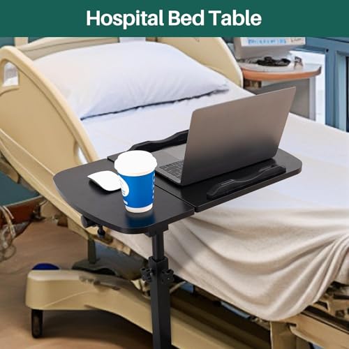 ZERIFAM Movable Computer Desk with Wheels, Adjustable Overbed Table, Tilting Desktop, Rolling Laptop Desk for Bed, Sofa, Or Hospital Use, Mobile Standing Desk for Laptop, Notebook, And Meals (BLACK)