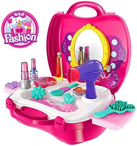 Kids Pretend Play Make Up Case And Cosmetic Set, Durable Beauty Kit Hair Salon with 21 Pcs Makeup Accessories for Children Girls