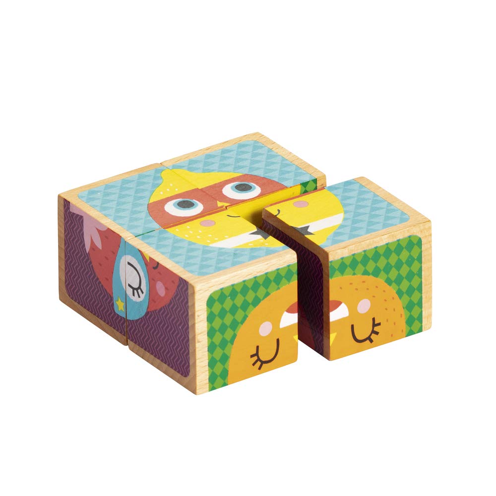 Avenue Mandarine - Ref JE507O - Wooden Cube Block Puzzle - Fruit and Vegetable Superheroes - 4 Cubes Included, 6 Characters to Find, Suitable for Ages 2+