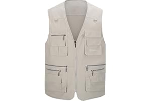 Hbufnha Men's Casual Safari Travel Vest 16 Pockets Outdoor Work Vest Sleeveless Jacket Fishing Hiking Photograph