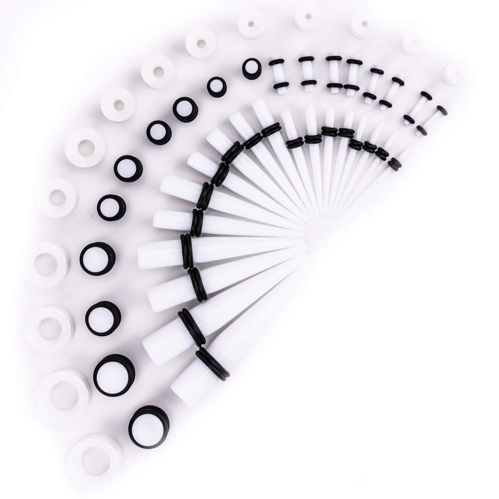 Huianpen Ear Stretching Kit 50 Pieces 14G-00G Ear Gauges Expander Set Acrylic Tapers and Plugs & Silicone Tunnels Body Piercing Jewelry Set with (White)