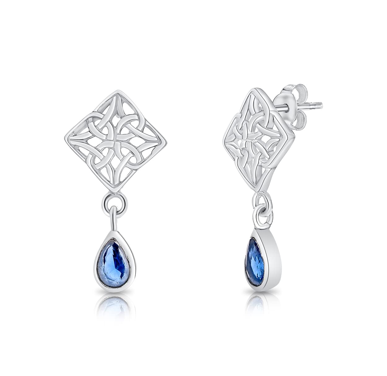 DTPSilver - 925 Sterling Silver Drop/Dangle Butterfly backs Earrings - Trinity Knot - Celtic Collection - Blue Sapphire