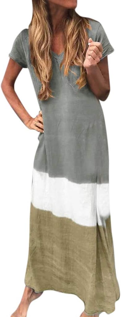 2019 New Womens Casual Breathable Loose Soft Long Dress,Outdoor Tie-Dyed Block Loose V Neck Short Sleeve Maxi Linen Dress
