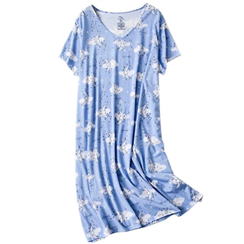 ENJOYNIGHT Womens Cotton Sleepwear Short Sleeves Print Sleepshirt Sleep Tee (Moon Cloud, L/XL)