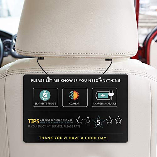Uber & Lyft Rating Tips Accessories Rideshare Driver Signs-Large 9" x 6" Inch Premium Thick Laminated Durable Backseat Headrest Display Hanging Card (2 Pack)