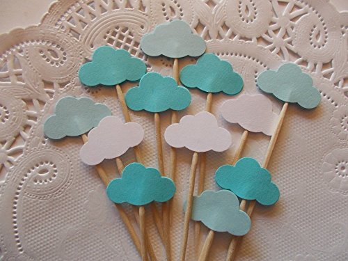 Small Cloud Cupcake Toppers - Cloud Baby Shower Toppers in Shades of Blue and White - Party Picks - Food Picks - Baby Sprinkle (Set of 24)
