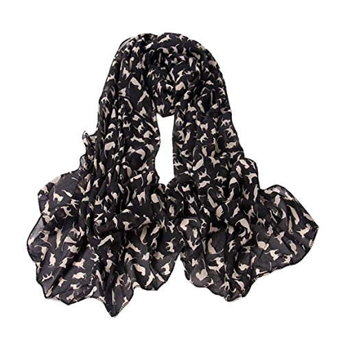 Leegoal Charm Fashion Chiffon Meow Cat Pattern Scarf Wrap for Ladies Girls (Black)