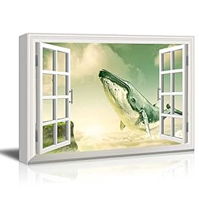 Window View Mystical Style Gigantic Whale Flying Above The Clouds