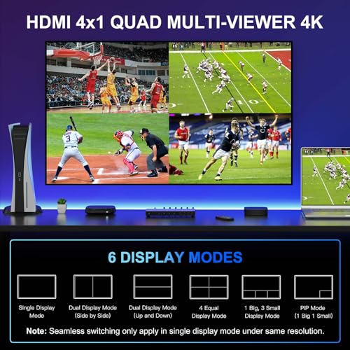 4k HDMI Multiviewer Switch 4x1 with Pip, PORTTA Quad Multi Viewer Seamless Switch 4 in 1 out with Toslink, 3.5mm Audio Output Support 4K 30Hz, 6 Viewing Modes, Downscaler, Compatible with PS4 Xbox