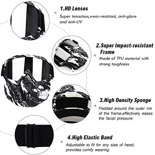 PiscatorZone Motorcycle Goggles Mask, Tactical Glasses with Detachable Mask Adjustable Windproof Outdoor Paintball Airsoft Mask Face Shield for Kids Men Women