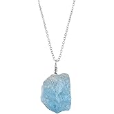 OdrillionGems Natural Raw Aquamarine Gemstone Pendant Necklace, Rough Stones and Crystals, 925 Sterling Silver, Rhodium Plated, March Birthstone, Women Jewelry, Valentine Gifts, Size 18"