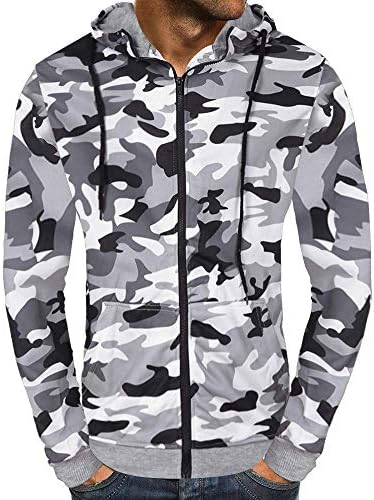 Tricega New Men's Camouflage Zipper Pullover Long Sleeve Hooded Sweatshirt Outwear Tops Blouse Gray Large
