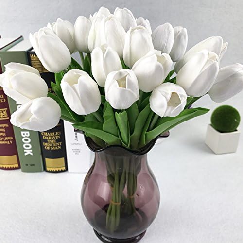 Muyee 12 Heads Artificial Tulips Flowers Real Touch Fake Tulips for Home Room Office Party Wedding Decoration, Excellent Gift Idea(12pcs,White)