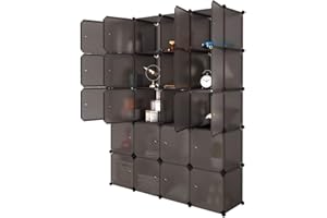WEI WEI GLOBAL Portable Wardrobe Closet, Modular Plastic Clothes Storage Cabinet Chest w/ Doors, Organizer Cube DIY Bookshelf Combination Armoire for bedroom, living room, Brown (20-Cube & 2 Hanging Section)