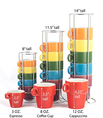 Gypsy Color Ceramic Coffee Mug Set of 6 Large (12 oz.) Stackable Cappuccino Cups with Chrome Stand, Mulicolor Rainbow Flag Colors
