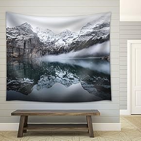 Winter Landscape of Snow Mountain with Clear Reflection in The Lake - Fabric Wall Tapestry Home Decor - 51x60 inches