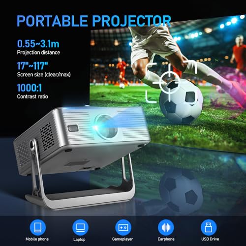 Sosoport Proyector Inteligente Portátil Full HD 1080P con WiFi 6 y Bluetooth, Mini Proyector Android 13 con Autoenfoque y Corrección Keystone, Soporte Giratorio, Ideal para Cine en Casa y Camping