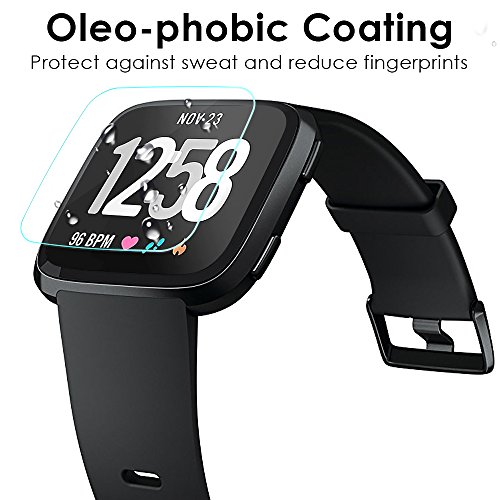 EZCO Fitbit Versa Screen Protector (4-Pack), Waterproof Tempered Glass Screen Protector Cover Saver for Fitbit Versa Smart Watch Scratch Resist 99.9% Clear HD Anti-Bubble Protective Film