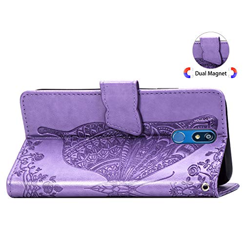LG K40 Case,LG K12 Plus Case,LG X4 2019 Case,Embossing Mandala Butterfly Rose Vine Flip Wallet Case PU Leather Stand Card Slots Case Cover + Dust Plug Stylus for LG K40 Wallet Case,Light Purple
