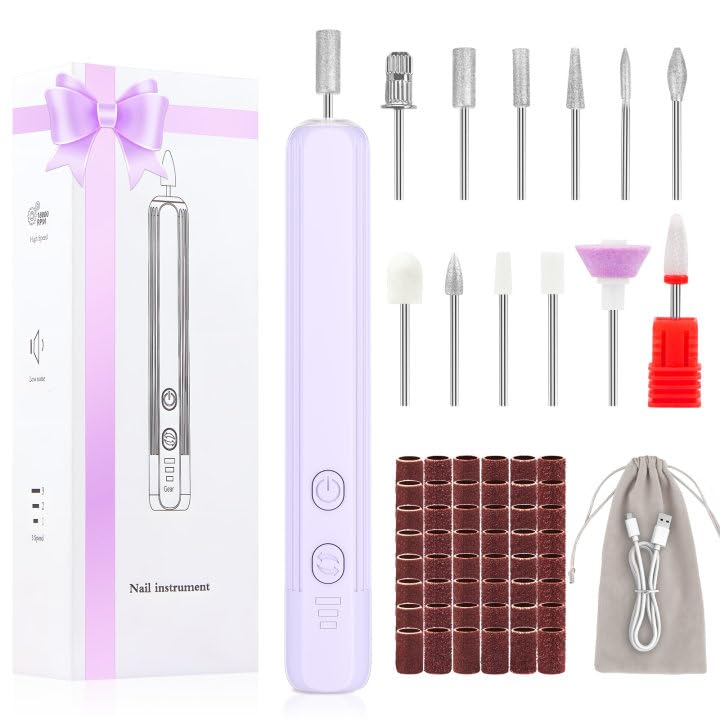 Photo 1 of Professional Nail Drill Set, 2,0000 RPM Electric Nail File with 12 Grinding Head & 100Pcs Sanding Bands for Acrylic Gel Nails, Manicure and Polishing (Light Purple)