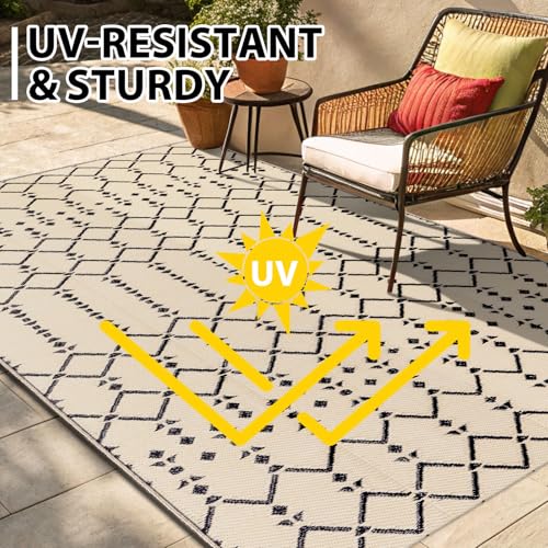Homaxy Outdoor Rug Weatherproof 120 x 180 cm, Both Sides Usable, Waterproof, Bohemian Carpet for Patio, Garden, Balcony, Camping, Picnic, Beige
