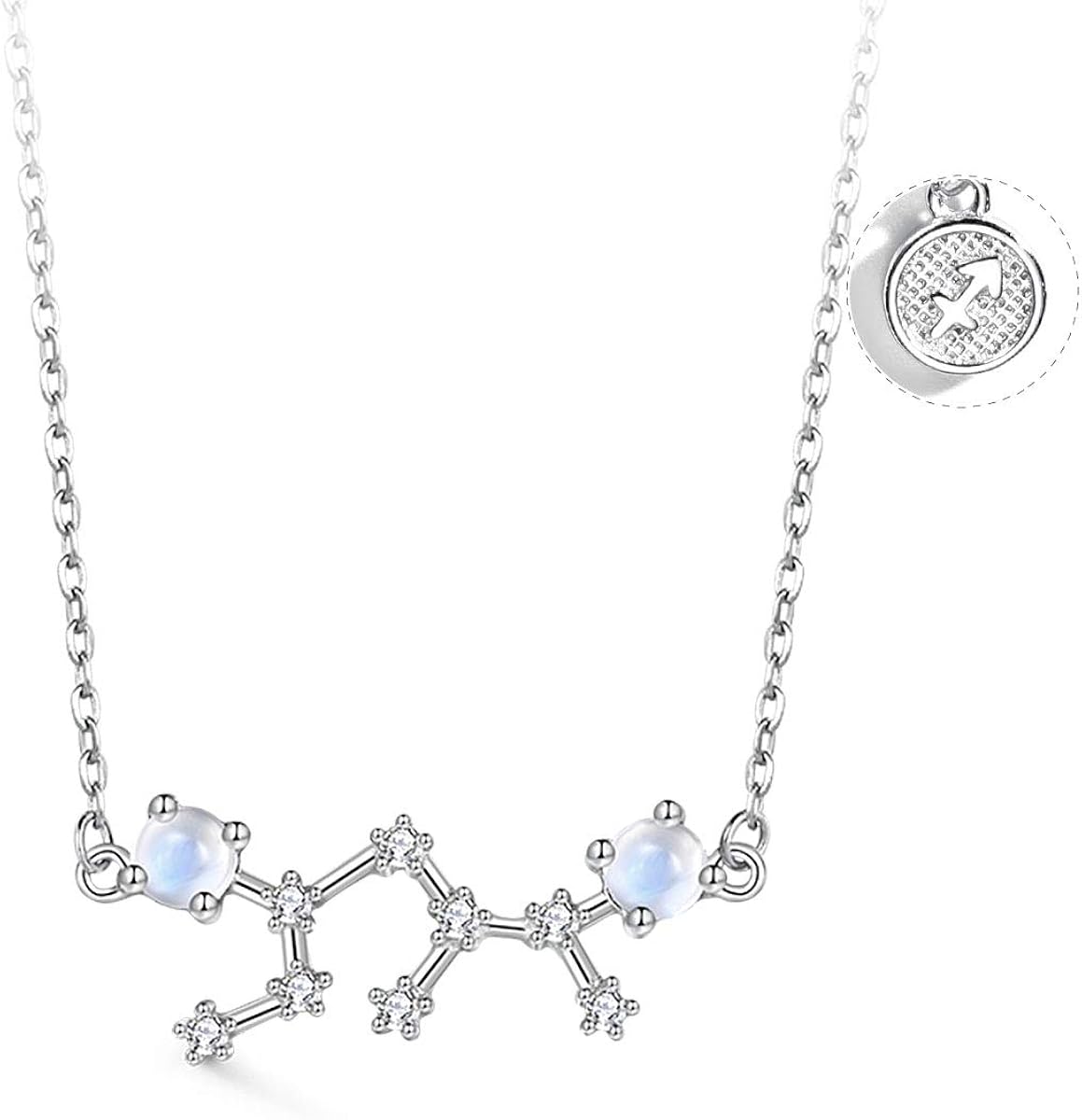 T400 925 Sterling Silver Horoscope Pendant Necklace | Zodiac Sign 12 Constellation Moonstone Birthday Gift for Women Girls
