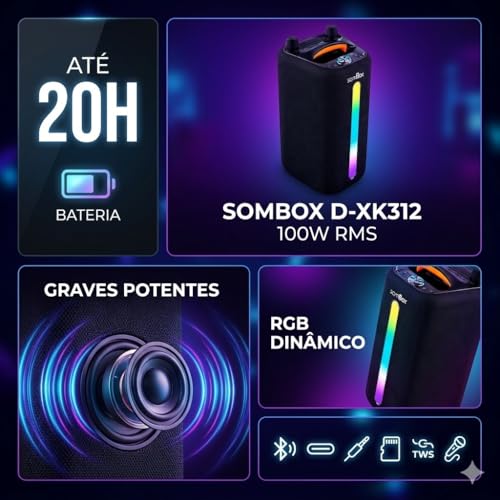 Caixa de Som Portátil 100W RMS Graves Potentes RGB Bluetooth 5.3, USB e AUX, Bateria Longa Duração com 2 Microfones sem Fio para Festas, Viagens, Karaoke e Uso Externo