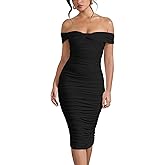GOBLES Women's Sexy Off The Shoulder Twist Wrap Short Sleeve Ruched Bodycon Midi Party Dress