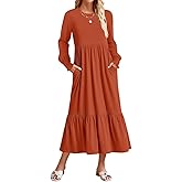 ZESICA Women's 2026 Spring Long Sleeve Dress Crewneck Casual A Line Pleated Tiered Flowy Trendy Midi Dresses with Pockets