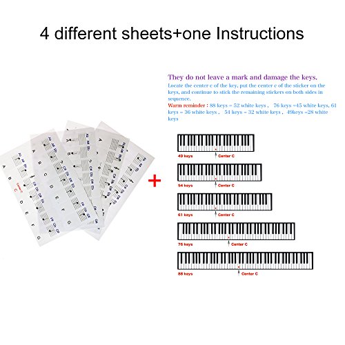 Stickers for Piano / Keyboards, 49,61,76,88 Key Full Set of Piano & Keyboard Music Note Stickers, Transparent Plastic Stickers has both black keys and white keys & User Guide