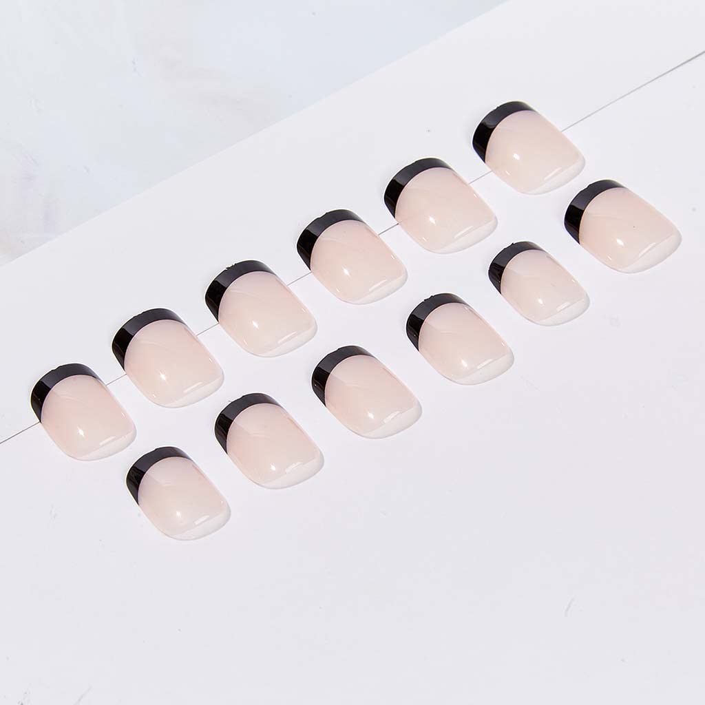 RikView Acrylic Press on Nails French Tip Nails Oval Glossy Fake/ False Nails with Design Full Cover (Black) - Image 2