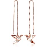 Origami Paper Crane Dangle Drop Earrings Sterling Silver Good Luck Cute Tassel Threader Long Chain Ear Line Stud Earring Minimalist Jewelry Gifts Hypoallergenic for Women Girls