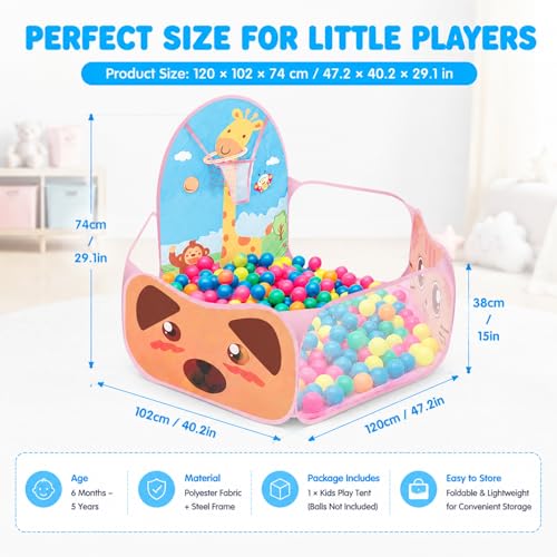 Ball Pool Baby Tent Children's Tent Foldable Cartoon Design for Children with Basketball Hoop, Pink Balls Playpen Baby (Balls Not Included)
