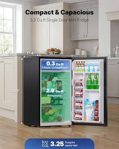 Upstreman 3.2 Cu.Ft Mini Fridge with Freezer, Single Door Mini Fridge, Dorm Fridge, Adjustable Thermostat, Mini Refrigerator for Bedroom, Office, Dorm, Black-BR321