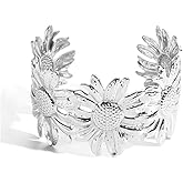 YWMAN Chunky Silver Cuff Bracelet, Wide Daisy Flowers Bangle Bracelets for Women Men