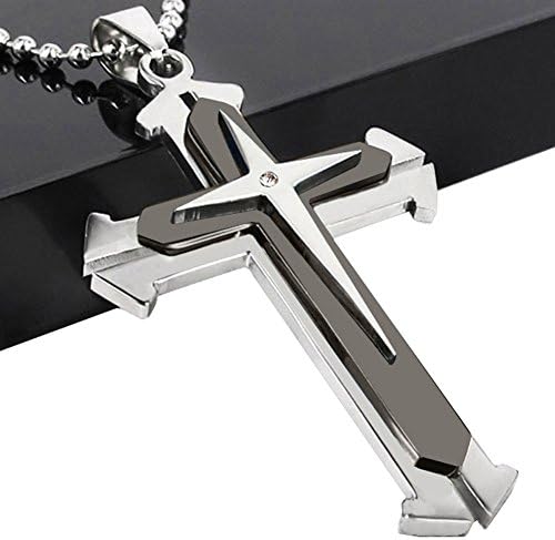 Stainless Steel Cross Pendant - 0.46 Ounces Simple Star Lord's Prayer for Men &amp; Women - With Fashion Desigh and - 17 Inches Chain (Black)