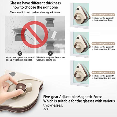 Double-Sided Magnetic Glass Wiper Cleaner Five-Gear Adjustable Magnetic Force for Double Glazed Windows Thickness 0.1"-1" (2-24mm) Magnetic Window Cleaner Wiper Glass Washing Cleaning Tool Brush