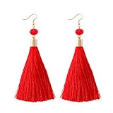 NLCAC Long Tassel Drop Earrings Red Dangle with Ball Hook Fringe Earring for Women's Fashion Jewelry