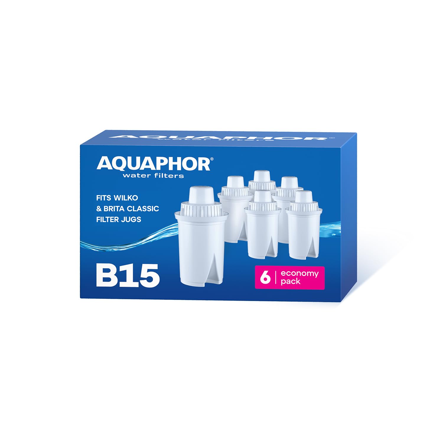 AQUAPHOR B15 Universal Replacement Water Filter cartridges, fits All Brita Classic and Wilkos Universal Water Filter Jugs, 6 Pack, 170l per Filter