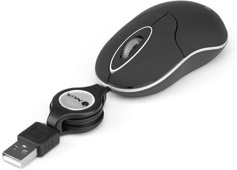 SIN BLACK - Ratón Óptico 1000dpi con Cable Retráctil USB, Ratón para Ordenador o Portátil con 2 Botones, Ambidiestro
